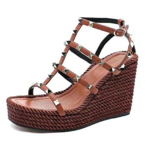 Valentino Women Garavani Ankle Strap Wedge Calfskin Leather 95 mm-Brown