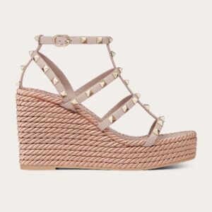 Valentino Women Garavani Ankle Strap Wedge Calfskin Leather 95 mm-Pink