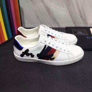 Gucci Men Ace Embroidered Sneaker Shoes in Leather with Sylvie Web-White