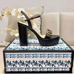 Gucci Women Leather Mid-Heel Sandal-Black