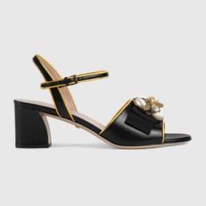 Gucci Women Shoes Leather Mid-Heel Sandal with Bee 50mm Heel-Black