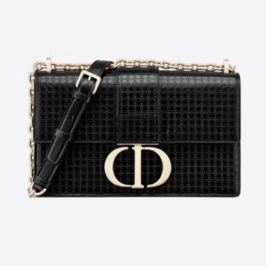 DIOR 30 Montaigne Chain Bag Microcannage Calfskin Flap Closure Black