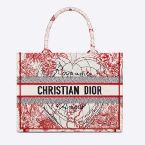 DIOR Small Dior Book Tote Bag Red White D-Royaume D’Amour Embroidery